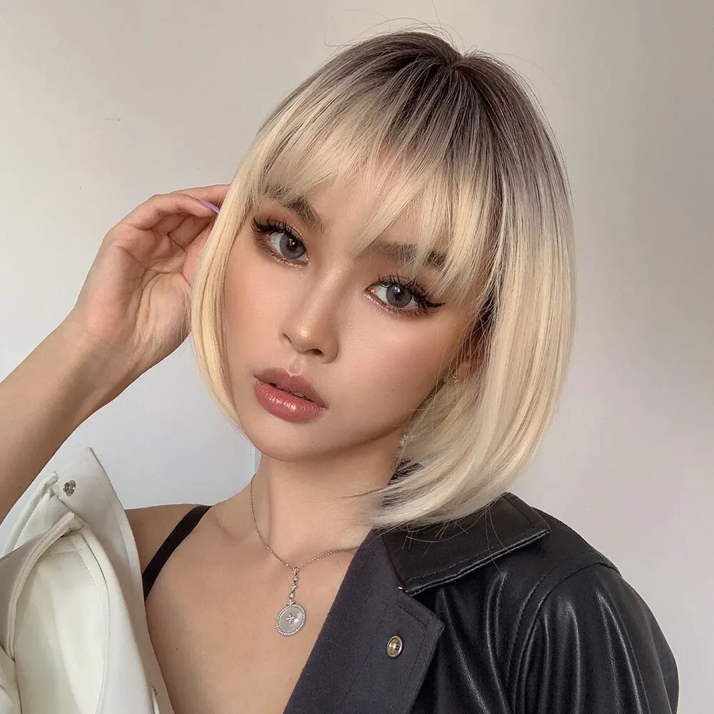 Platinum Sarı Ombre Sentetik Bob Peruklar Patlamalı Kısa Düz Doğal Saç Peruk Kadınlar İçin Günlük Parti Isıya Dayanıklı Fiber_voghion.com