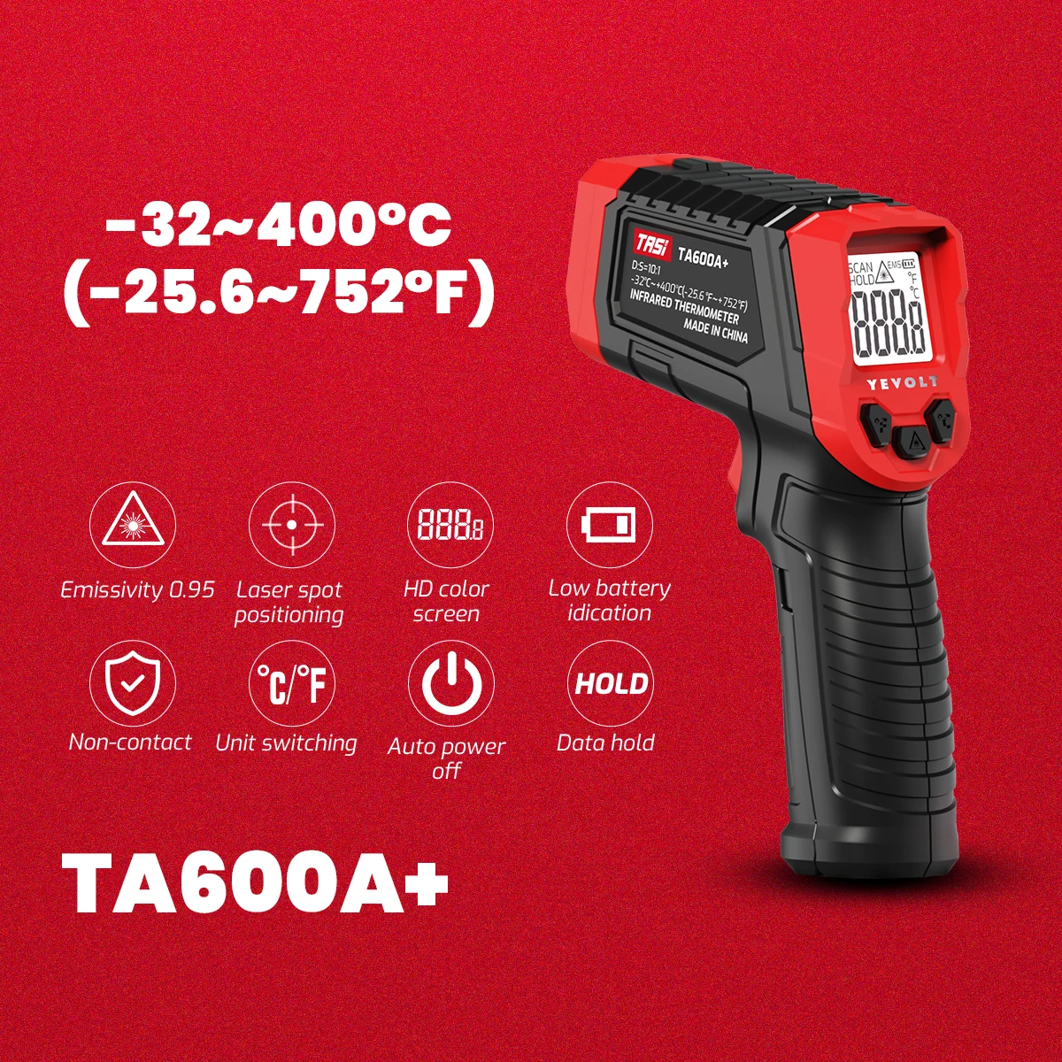 YEVOLT TA600+ סדרת מד טמפרטורה אינפרא אדום דיגיטלי נייד ללא מגע IR לייזר טמפרטורת חום נקודת HD מסך לבישול