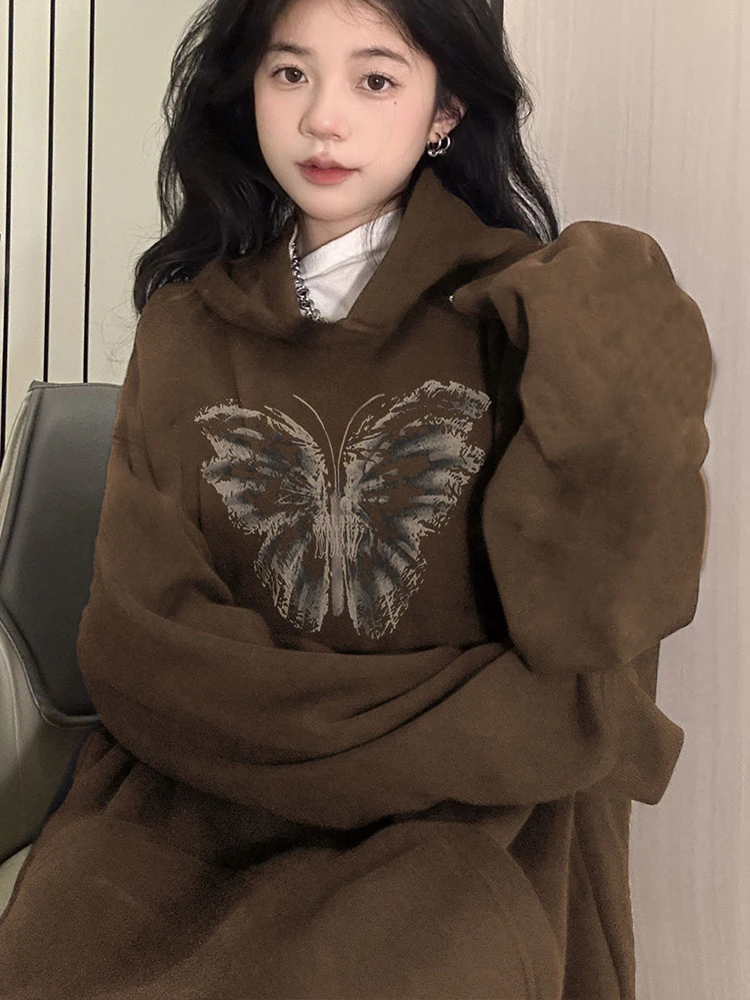 

Свитшот женский оверсайз с капюшоном, винтажный худи в стиле Харадзюку с графическим принтом бабочки, повседневный теплый толстый пуловер, Y2k, Осень-зима