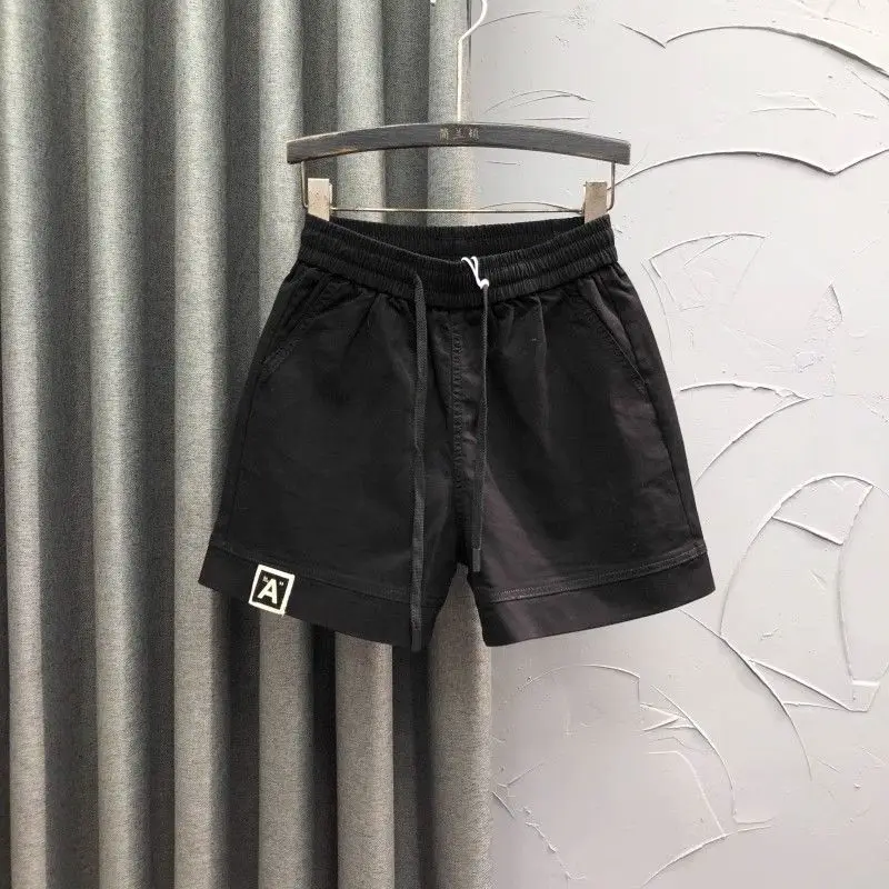 Korean Commute 2024 Summer Shorts Women's Fashion Solid Elastic Waist Drawstring Pocket Casual Loose A-line Denim Wide Leg Pants
