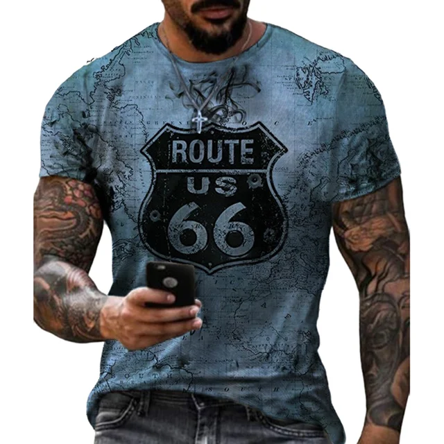 2022 Summer New Men's Retro T-Shirts US Route 66 Letter Print Short Sleeve Oversized Loose Clothes Crew Neck Top Streetwear 6xl D668