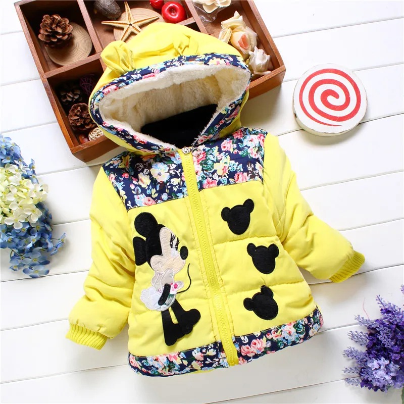Kids Jackets Winter Coat Girls' Cotton Jacket Winter Children's Clothing Sweet Mouse Head Print Thick Baby Coat Cartoon Hooded Cotton Jacket