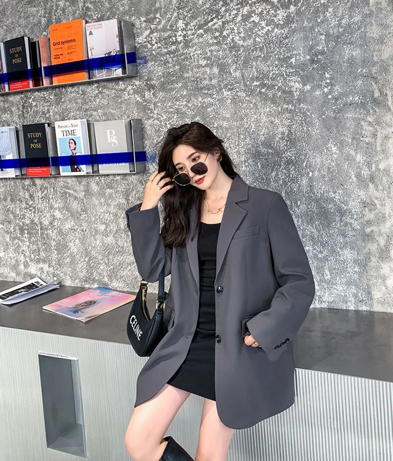 Zoki Back Slit Design Blazer Coats Women Casual Fashion Loose Korean Jackets Streetwear Chic Long Sleeve All Match New Suit Tops