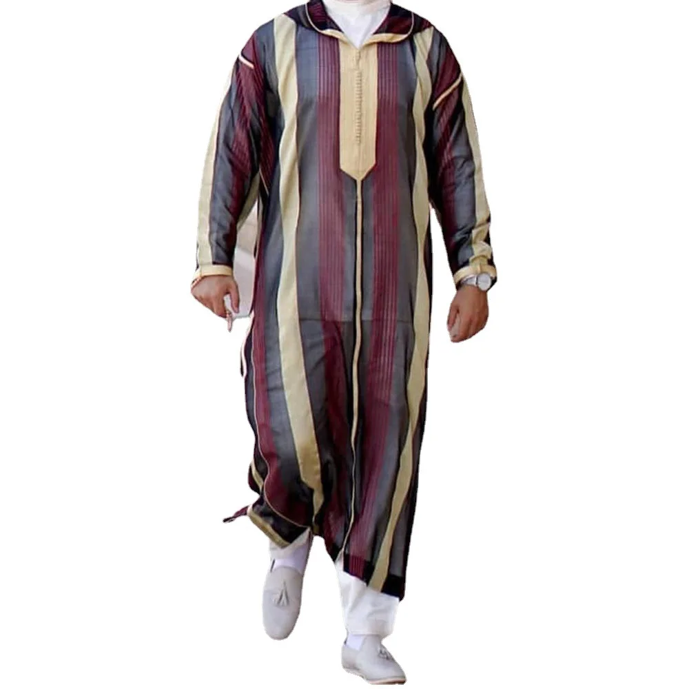 Middle Aged Lapel Loose Fitting Islamic Clothing Ordinary Stripe Casual Islamic Shirt 2023 New Muslim Fashion Robe Summer
