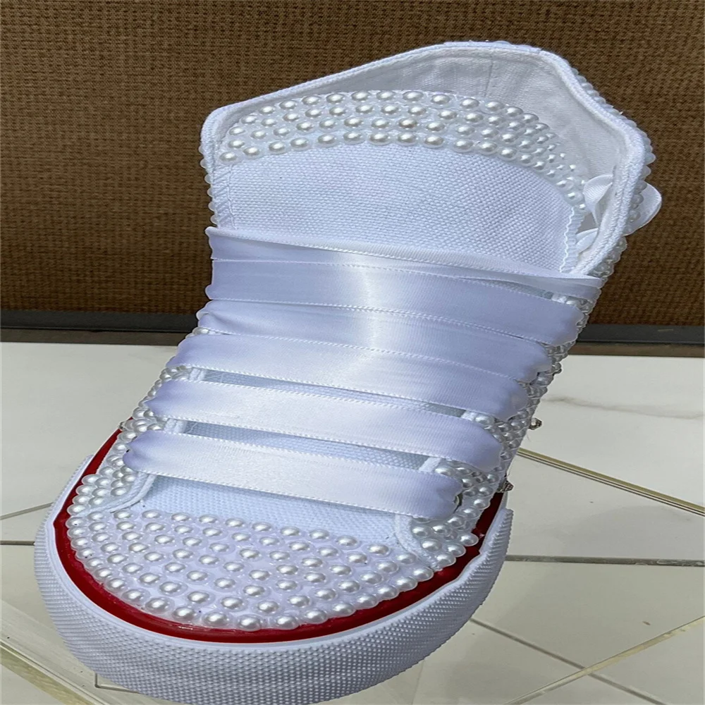 White high top pearl rhinestones ribbon style canvas shoes integrated sports casual shoes women's 35-44