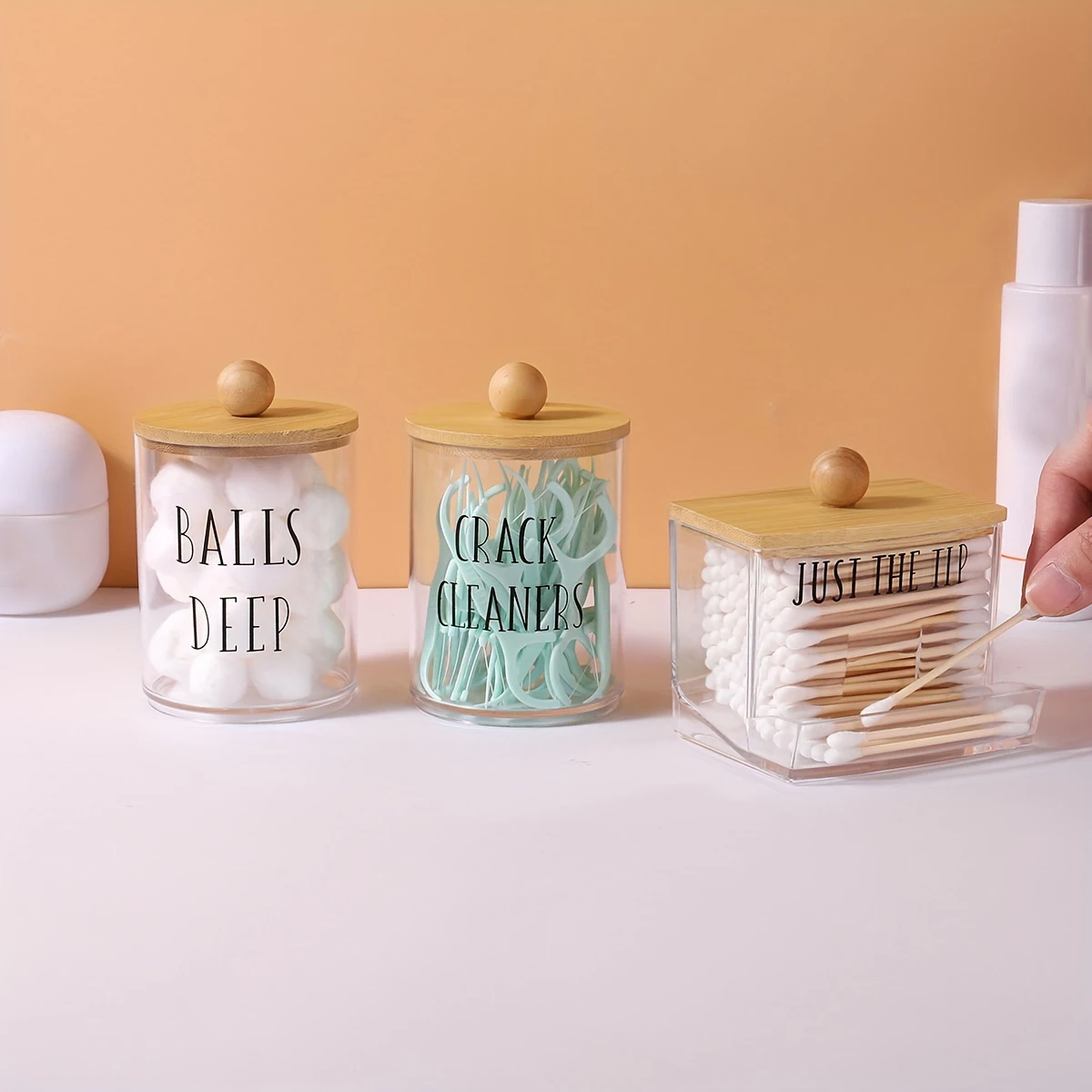 3pcs/set cotton swab Holder and Cotton Round Pad Dispenser with Bamboo Lid Clear Acrylic Containers for Cotton Swab/ball 3