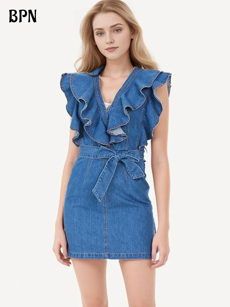 

BPN Casual Patchwork Ruffles Denim Dresses For Women V Neck Fly Sleeve High Waist Solid Slimming Mini Dress Female New Fashion