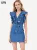 BPN Casual Patchwork Ruffles Denim Dresses For Women V Neck Fly Sleeve High Waist Solid Slimming Mini Dress Female New Fashion 1