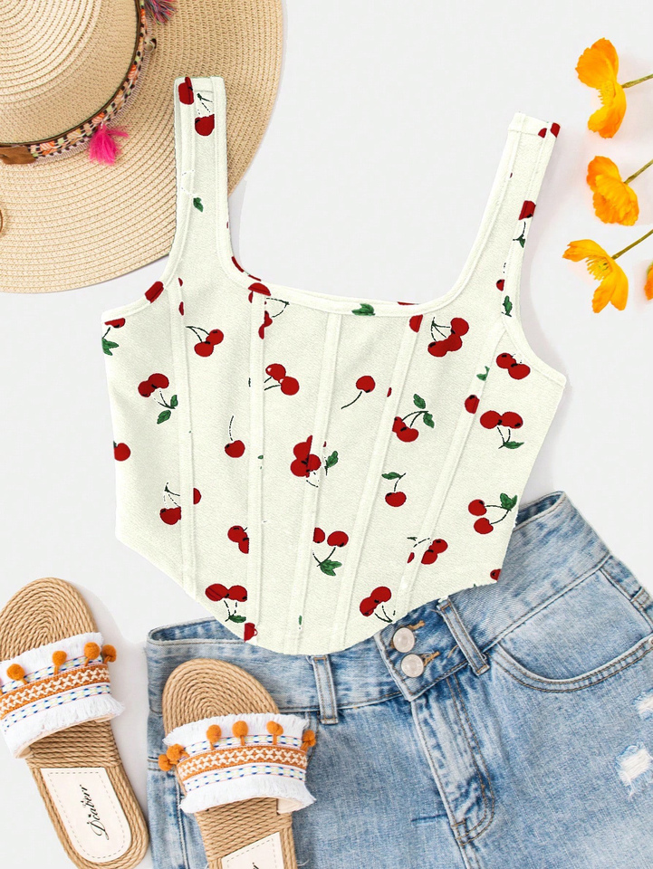 Women's Summer Casual Sleeveless Cherry Print Cropped Tank Top, Fashionable Women's Daily Wear Tops