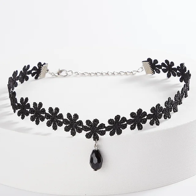 Collier Punk gothique en dentelle noire pour femmes, fleur en cristal, mode cuir noir velours, court et Sexy, ras du cou, bijoux