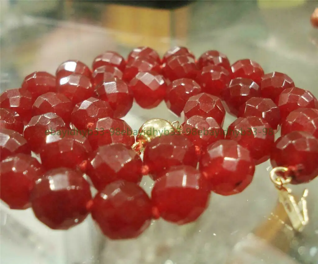 Natural 10mm Red Jade Faceted Gemstone Round Beads Necklace 18'' AAA