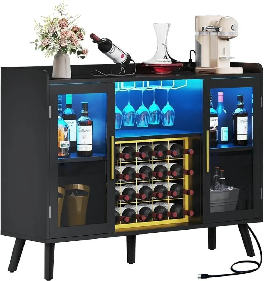 Wine Bar Cabinet With Led Lights & Power Outlets, 53" Coffee Bar Cabinet For Liquor And Glasses, Modern et Sideboard With