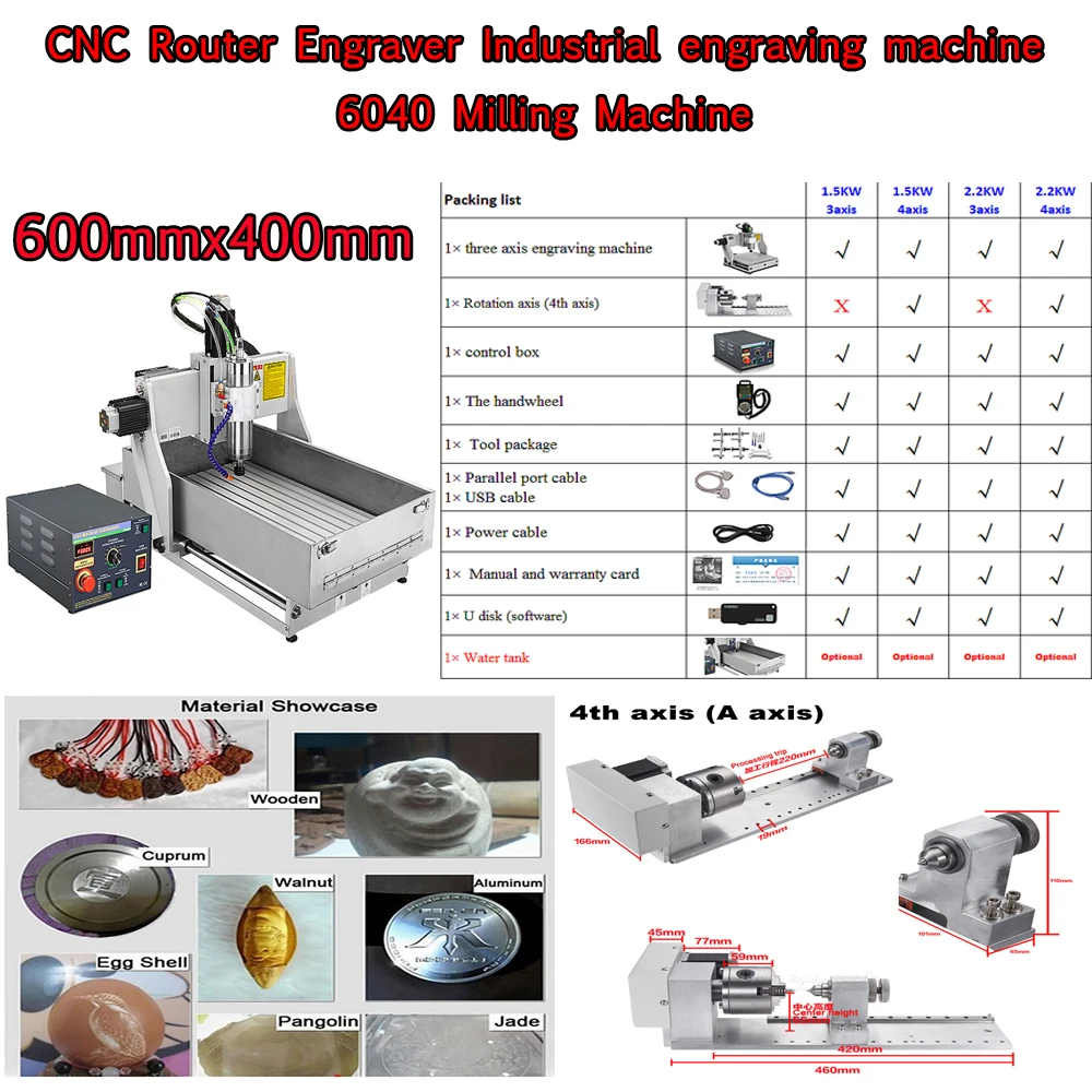 

LY CNC Router Engraver 6040 1.5KW 3axis 4axis With Rotation Axis 4th Axis Handwheel Water Tank Industrial Engraving Machine