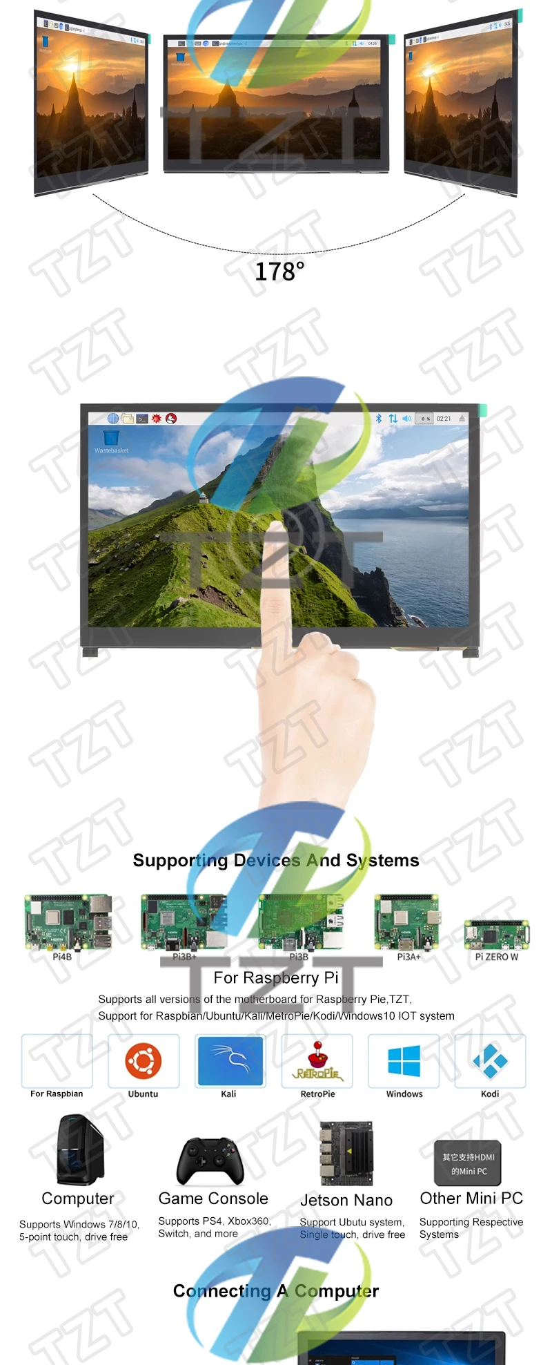 TZT 10,1 Zoll LCD Display Modul 10,1 "HDMI-kompatibel Kapazitiven Touchscreen 1024X600 IPS HD Betrachtung Für Raspberry Pi B 3B +/4B – Detail 2
