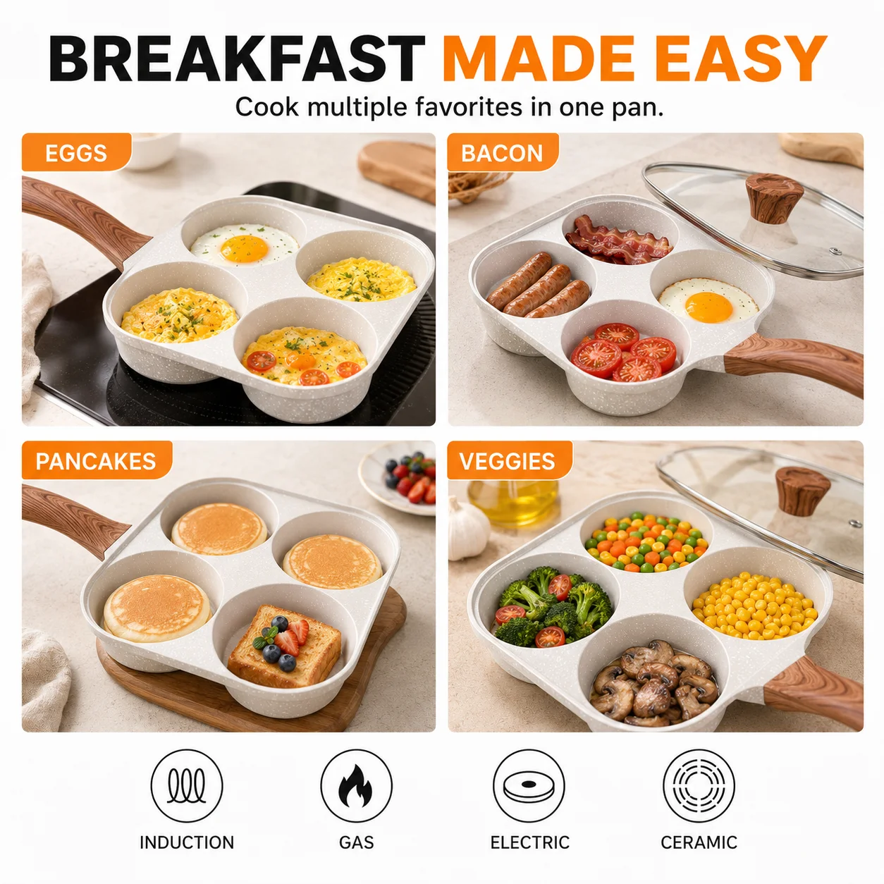 Deepened Divided Egg Frying Pan 4 Section Pancake Maker Aluminum Alloy Omelet Cooker Pan With Glass Lid For All Stoves