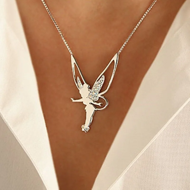 Women Luxury Elf Angel Rhinestone Metal Glossy Girls Angel Wings Pendant Necklace Fairy Female Chain Jewelry