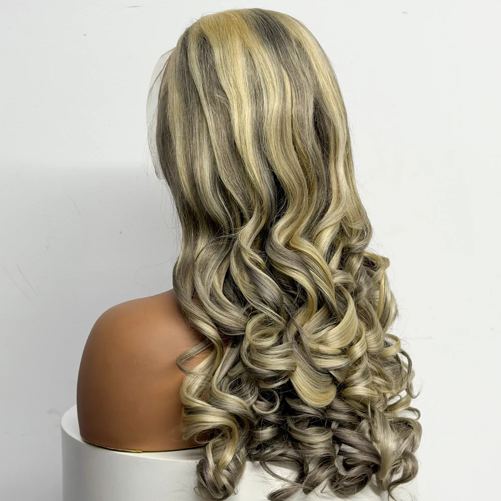Highlight Ombre Straight Hair Wavy Curly Hair End 613/Grey 13x4 Lace Front Wigs 250% Density Big Wavy Human Hair Wig