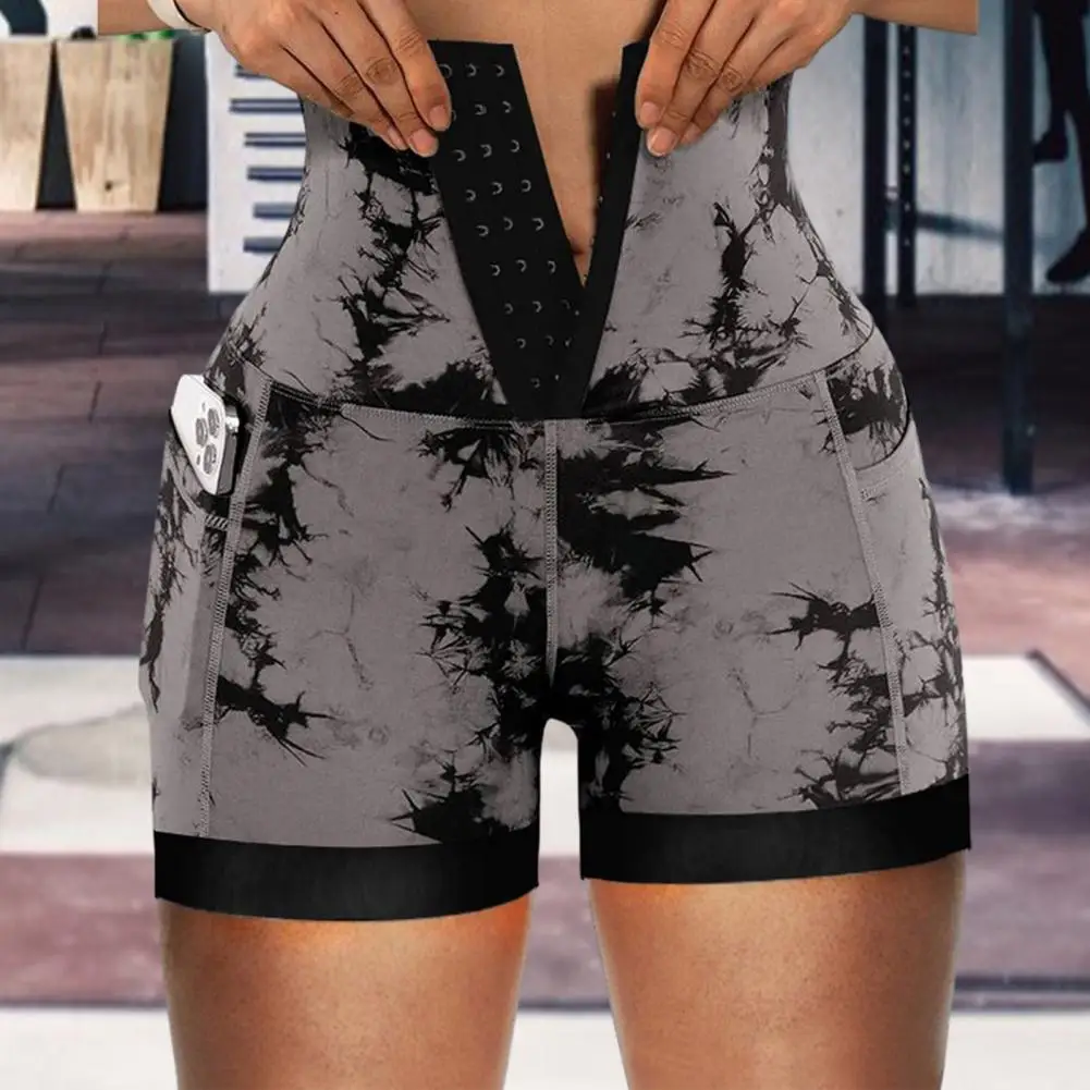 Front Closure Shorts Women High-waist Shorts Tie-dye Yoga Women High-waist Tummy Control Butt-lifted Front Closure