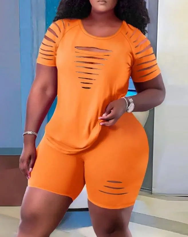 

Women's Summer Casual Solid Plus Size 2 Piece Ladder Cutout Top and High Waist Shorts Set Commuting Fashion Versatile