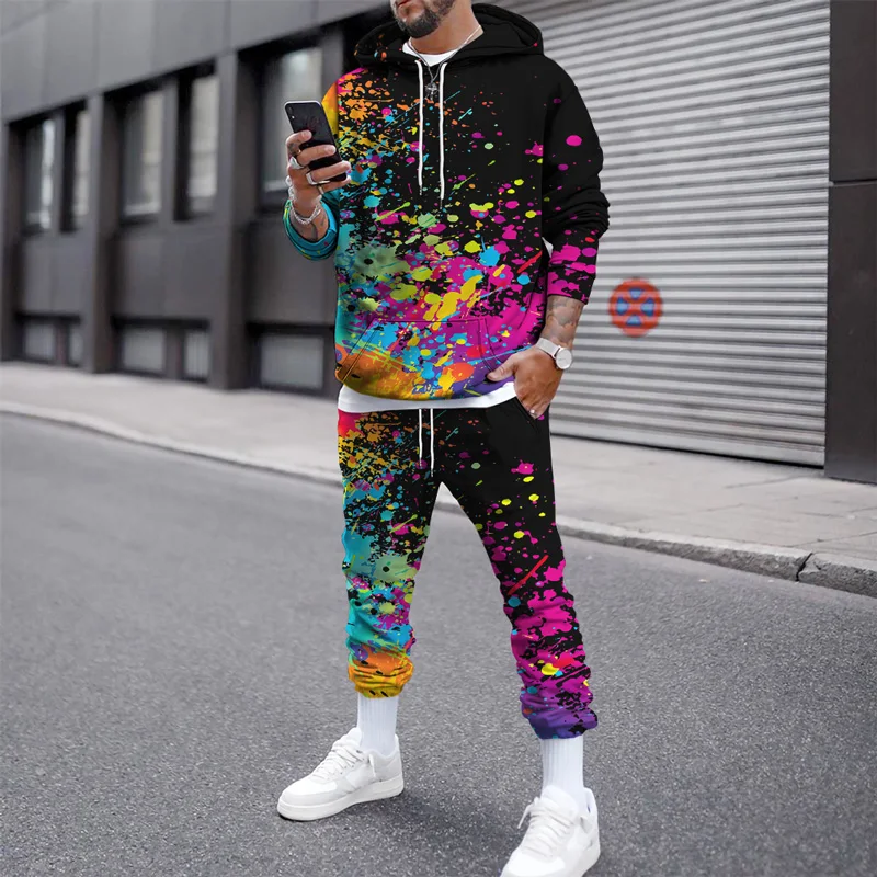 2023 Color Graffiti Mens Hooded Sweatshirt Sets Men Hoodies Two Piece Sets Autumn Winter Male Hoodie Jogging Tracksuit For Men 2023 autumn winter male hoodie jogging tracksuit for men color graffiti mens hooded sweatshirt sets men hoodies two piece sets