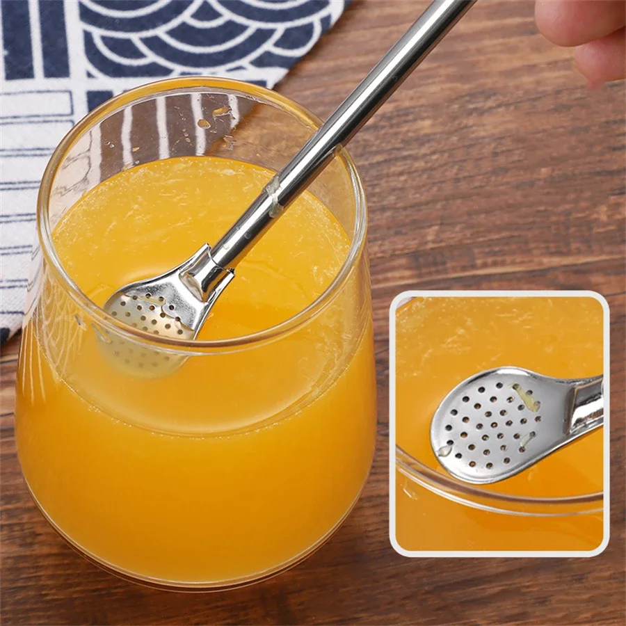 304 Stainless Steel Drinking Straw Spoon Tea Filter Tea Straws Gourd Washable Tools Kitchen Bar Kitchen Spoon Brush