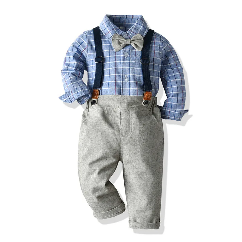 

Export Children's Clothing Boys British Style Suspender Pants Suit Plaid Long-Sleeved Shirt Two-Piece Set Wholesale