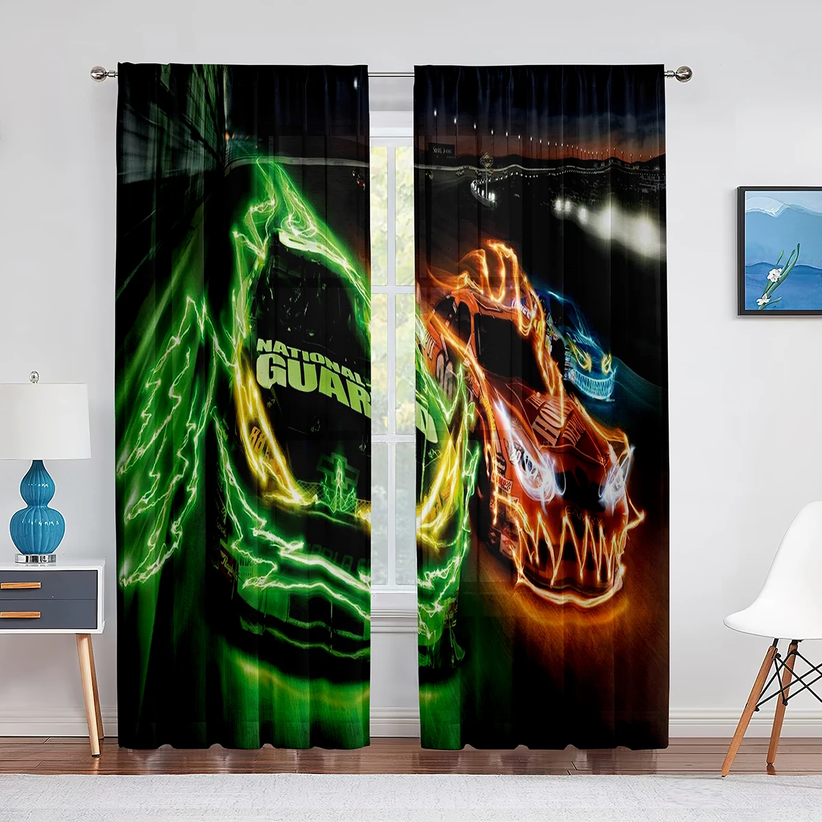 Race Car Sheer Voile Curtain Racing Car Speed Extreme Sport Window Tulle Curtains for Living Room Bedroom Teens Mens Room Decor