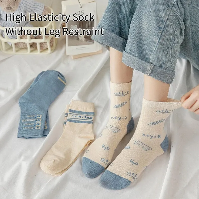Womens Mid Calf Socks 5 Pairs of Women's Spring Four-season Cute SStriped Letters Youthful Beautiful Fashionable and Comfortable Mid-calf Socks