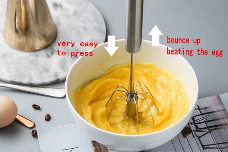 Halbautomatische Schneebesen Edelstahl Schneebesen Manuelle Presse Typ Mixer Selbst Drehen Ei Rührer Küche Ei Werkzeuge – Detail 1