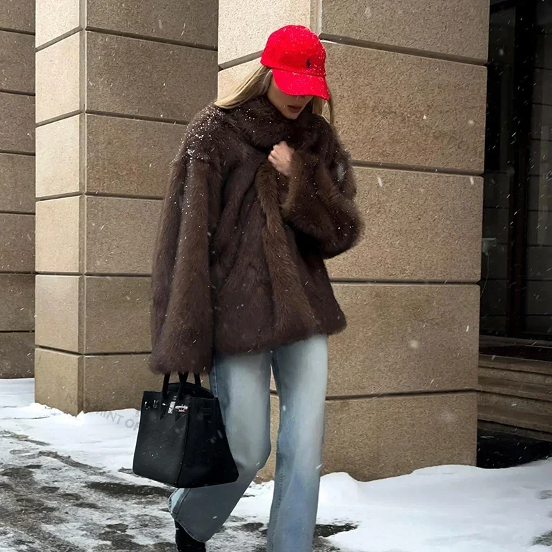 Neo Mint 2024 Winter Faux Fur Coat Women Brand Fashion Fluffy Fox Fur Outerwear Overcoat Girl Street Style Furry Warm Jacket 2
