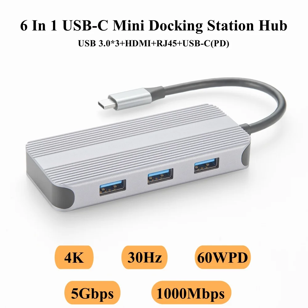 USB Type-C 6-Port Mini Docking Station, USB-C to 4K@30Hz HDMI Adapter Hub with 60W Power Delivery, RJ45 Ethernet, 3 USB 3.0 Port