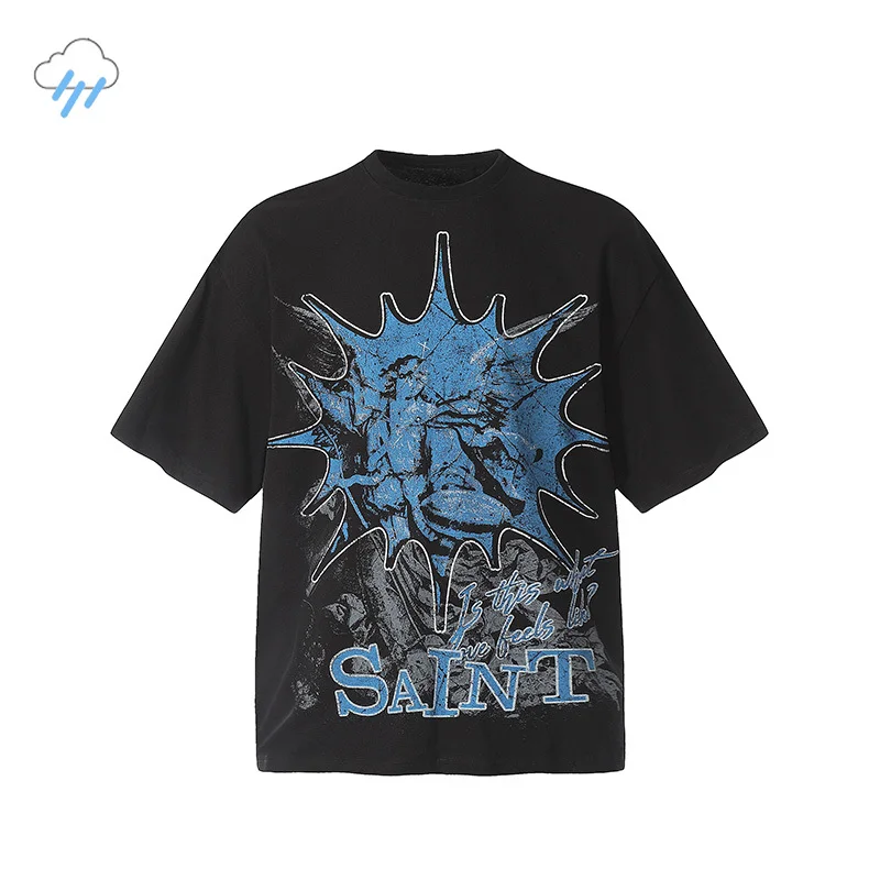 

Vintage Washed Black Apricot Skeleton Print Saint T-Shirt High Quality Cotton Tee Tops Oversized T Shirt For Men Women