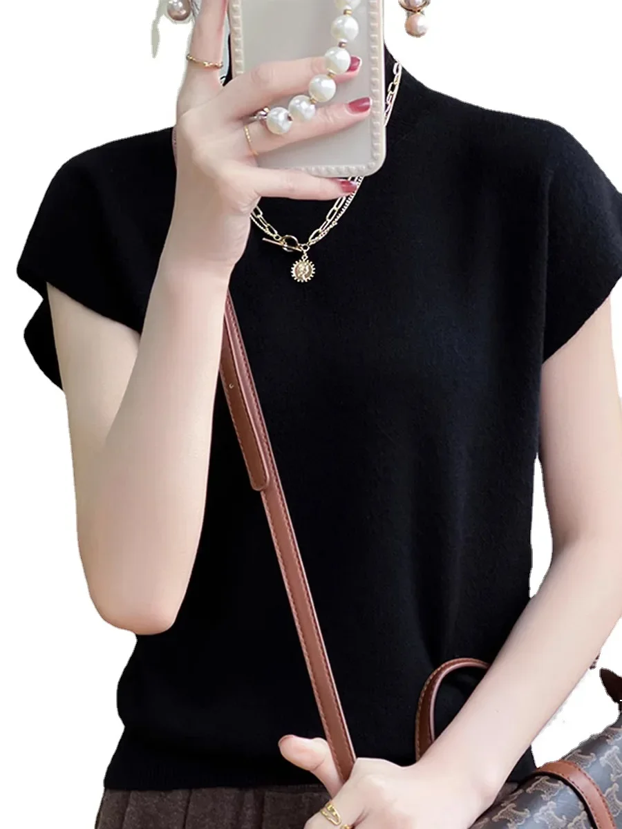 

Women's Short-Sleeved Half-Turtleneck Pullover Fashion Loose Knitted Bottoming Shirt Short-Sleeved Top