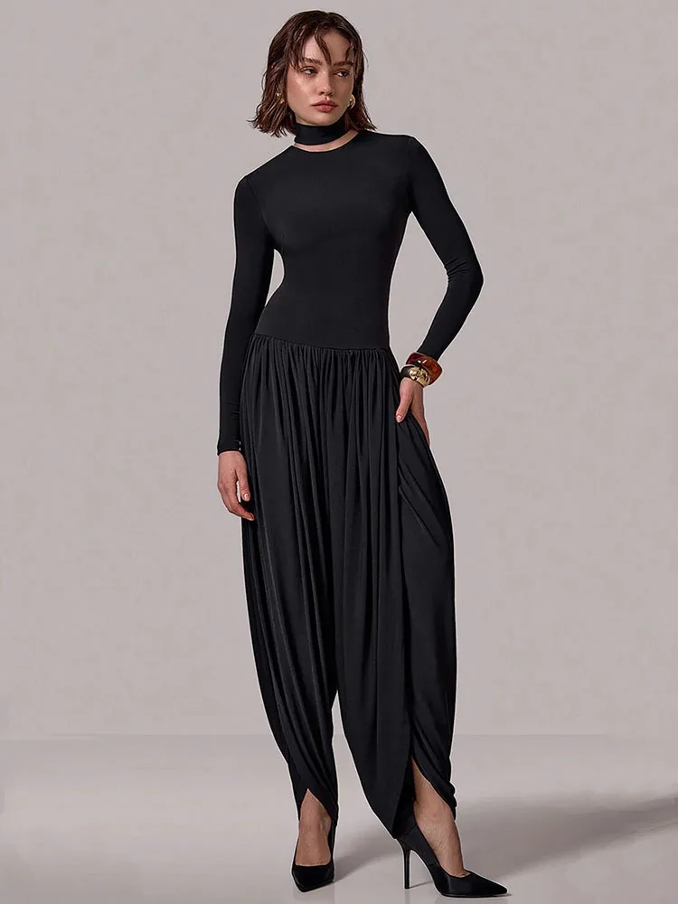 Mozision Long Sleeve Draped Sexy Jumpsuit Women Overalls Autumn Winter New Patchwork Solid Turtleneck High Waist Slim Jumpsuis 5