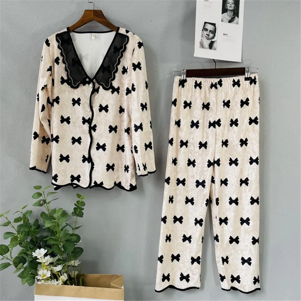 

Autumn Winter Printed Gold Velvet Pyjamas Pajamas Mesh Princess Collar Long Sleeve Shirt Pants Sleepwear Set Women Nightwear