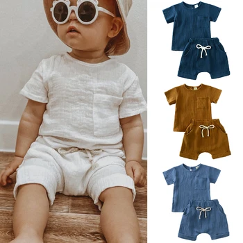 2026 Summer Toddler Baby Clothes Short Sleeve Elastic Shorts Breathable Cotton Suit For 0-24M Infant Boy Girl Solid Outfits