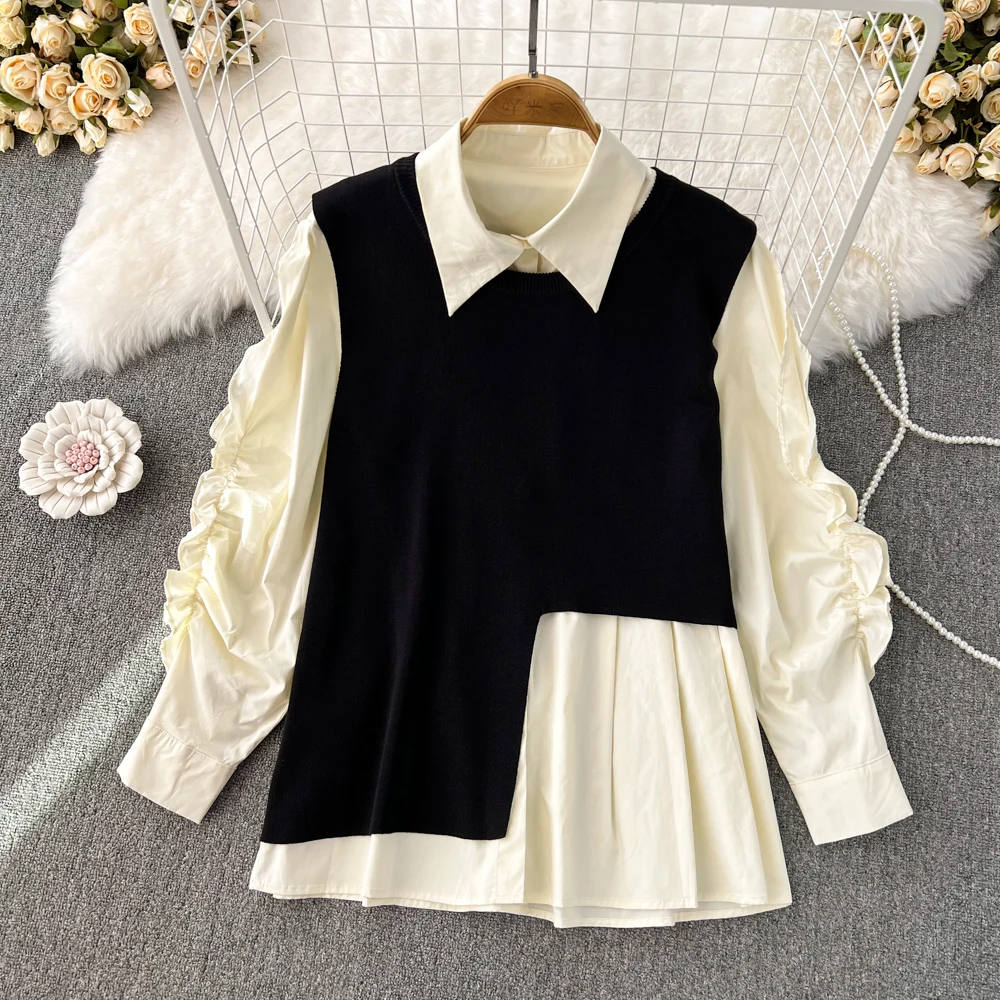 

Autumn Retro Style Lazy Knit Vest Coat Two-piece Relaxed Long-sleeved Shirt