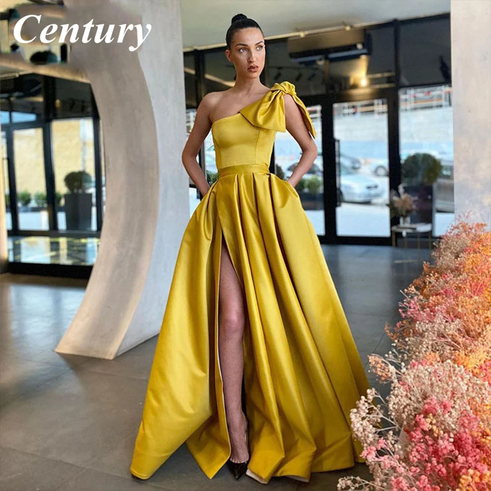 

Century Yellow Elegant One shoulder Satin Evening Dresses Women Simple A line Side Slit Prom Party Gown with Bow Robes De Soirée