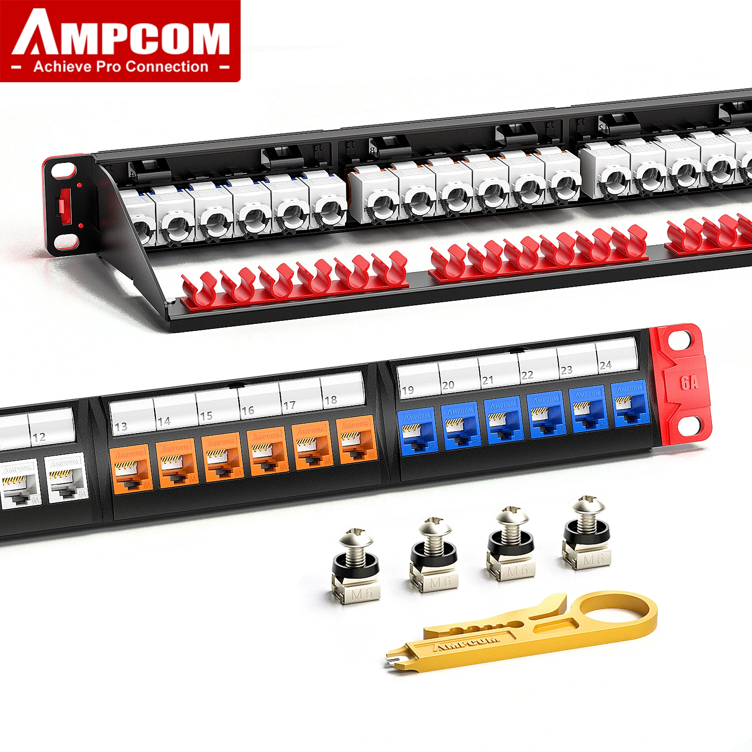 AMPCOM 1U 24-Port Rack-Mounted Patch Panel with Detachable CAT6/CAT6A Keystone Jack