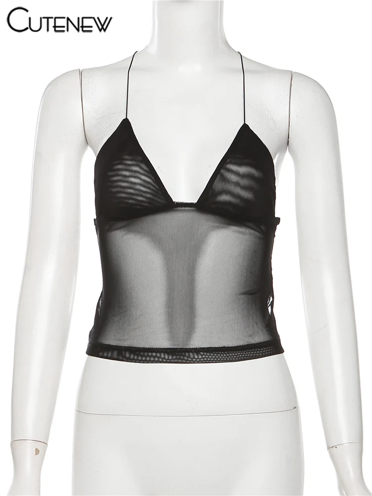 Sweet Suspender Sexy Patchwork Tank Top Women Camisole Sleeveless Slim Mesh Vest Casual Lady Streetwear New Summer