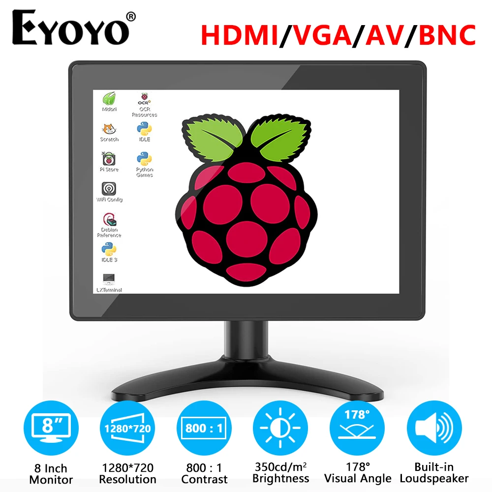 Маленький сенсорный монитор Eyoyo EM08E для настольного компьютера, HDMI/VGA 1280x72 0 IPS дисплей с динамиками и дистанционным управлением, для Raspberry Pi/X-Box