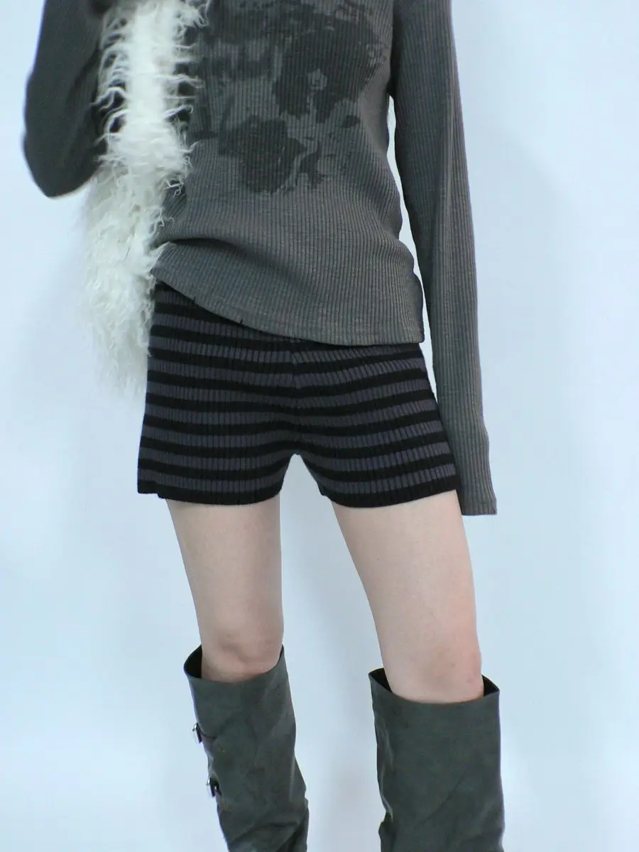Knitted Women Shorts Short Mujer Vintage Fashion Striped Ropa De Mujer High Waist Tunic Shorts Summer Pantalones Cortos De Mujer_ecoleips.com