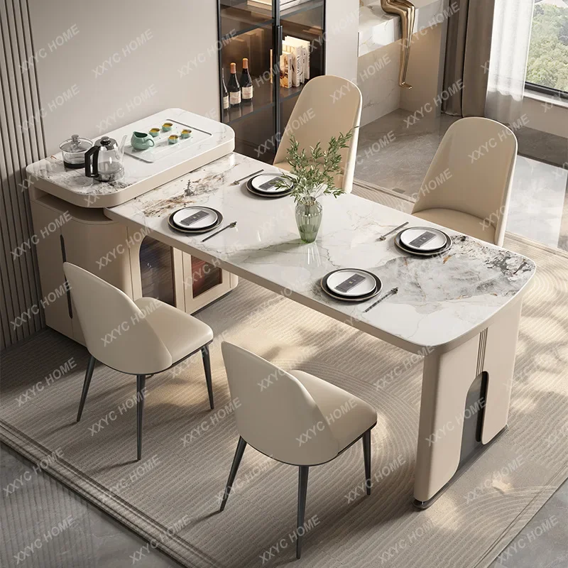 

Rotary Island Table Dining Table Integrated Bar White Small Apartment Home Stone Plate Negotiation Table-Chair Set