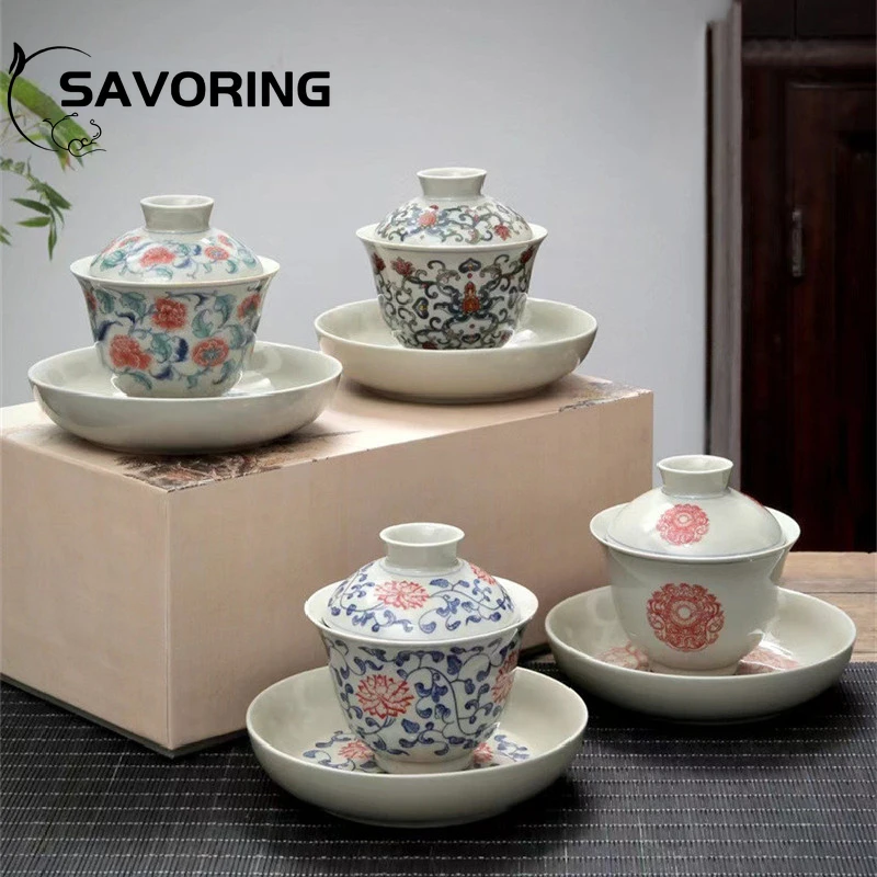 Retro Blue and White Tea Tureen Teacup Ceramic Kung Fu Tea Set Single Pot Bearing Large Three-talent Cup Bowl Gift Box