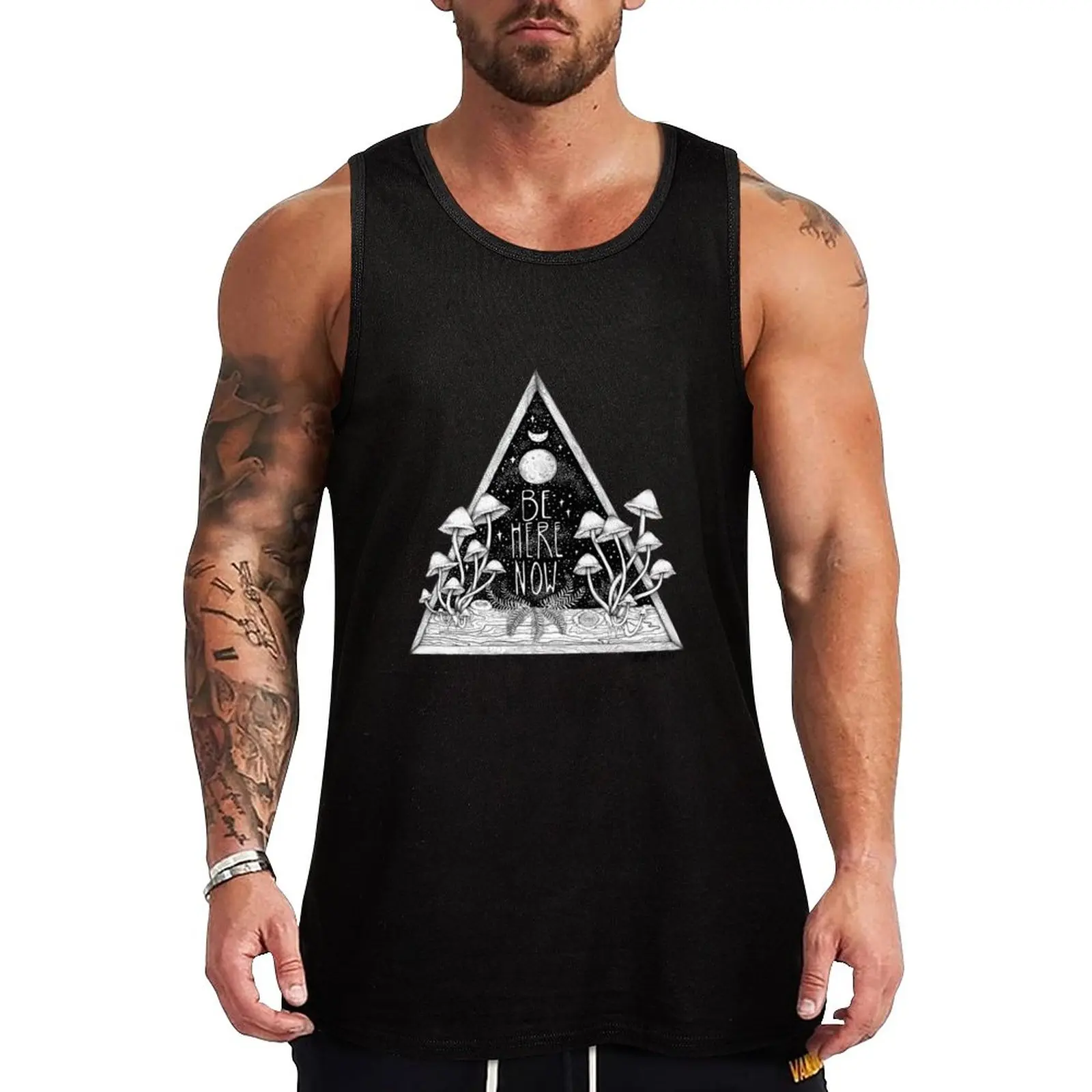 

New Be Here Now || Zen typography mushroom illustration Tank Top sleeveless vests gym training accessories Men's cotton t-shirt