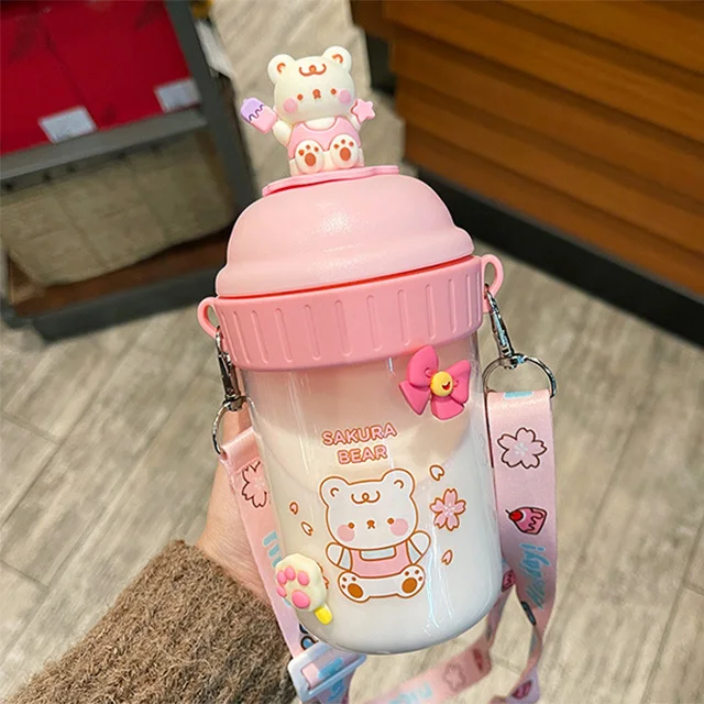 Cute Bear Water Bottle For Girls Kids Kawaii Plastic School Juice Milk Tea  Shaker Drinking Bottle