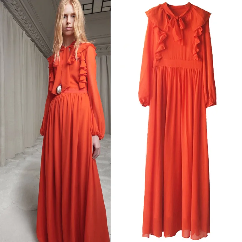 

Spring/Summer New V-Neck Lace up Lotus Leaf Wood Ear Edge Lantern Sleeve Dress Large Swing Long Dress for Women
