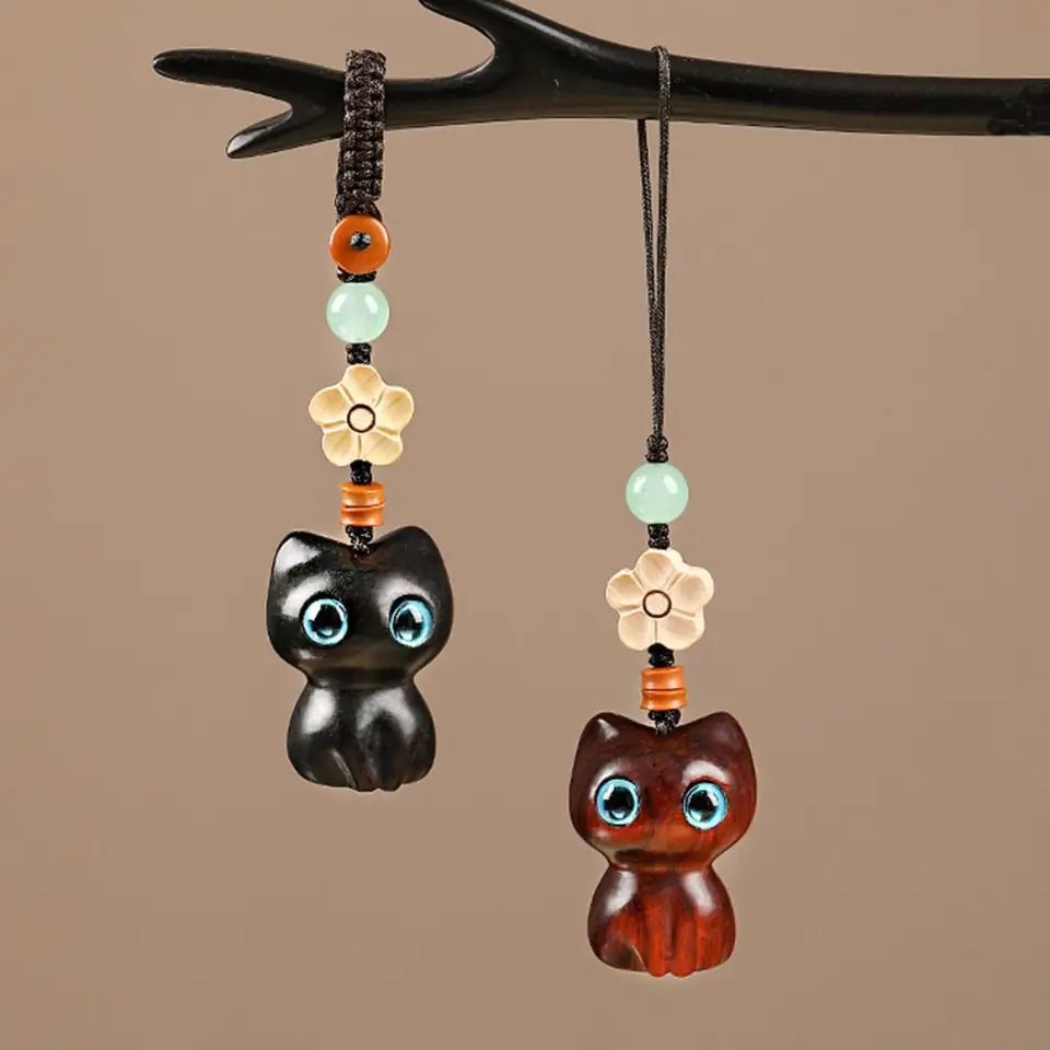 thumbnail image 2 of 2Pcs Lucky Cat Keychain Sandalwood Pendant Wooden Cat Keychain Maneki Neko Good Luck Keychains Diy Decorative Home Car View Mirror Backpack Key Penda 2 of 14