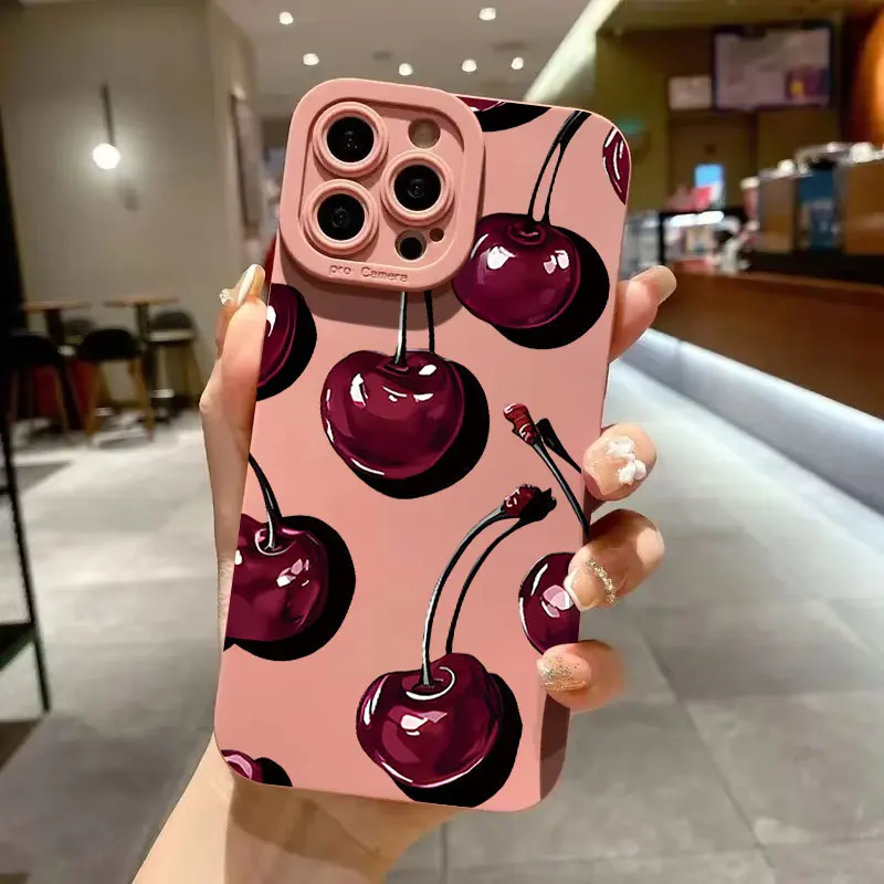 Cute Deep Red Cherry Pattern Shockproof Matte Phone Case