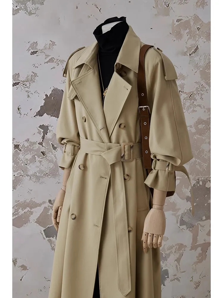 Lautaro Spring Autumn Oversized Khaki Long Trench Coat for Women Double Breasted Loose Casual Black Korean Fashion Overcoat 2025 2